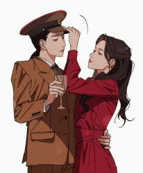  2girls brown_hair brown_hat brown_jacket c0s0m2 closed_mouth commentary_request cup dress drinking_glass hand_on_another's_waist hat highres holding jacket korean_commentary long_hair looking_at_another military_hat multiple_girls original ponytail red_dress red_lips simple_background white_background wine_glass yuri 