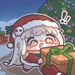  ! !! 1girl box chibi christmas christmas_tree commentary_request full_body gift gift_box hat korean_commentary long_hair mittens monyami night open_mouth outdoors red_mittens santa_costume santa_hat snow solo speaki_(trickcal) trickcal yellow_eyes 
