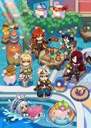  >_< 2boys 4girls :d ;d aqua_hair aroni_(genshin_impact) asha_(genshin_impact) bennett_(adventures_in_blazing_hue)_(genshin_impact) bennett_(genshin_impact) beret black_bodysuit black_hair black_pantyhose blonde_hair blue_pants bodysuit chair chasca_(genshin_impact) closed_mouth colored_inner_hair commentary cup day deck_chair dress drinking_straw english_commentary folding_chair full_body genshin_impact gradient_hair green_eyes green_hair hair_between_eyes hair_over_one_eye hat headband highres holding holding_cup holding_tray innertube long_hair looking_at_another lumine_(genshin_impact) macani_(genshin_impact) mavuika_(genshin_impact) mualani_(genshin_impact) multicolored_hair multiple_boys multiple_girls official_alternate_costume one_eye_closed open_mouth outdoors pants pantyhose pixel_art ppyok_1017 red_hair short_hair_with_long_locks single_leg_pantyhose sitting smile sombrero standing sunlight swim_ring swimming table toasting_(gesture) tray twitter_username unworn_headwear venti_(genshin_impact) very_long_hair white_dress white_hair xd 