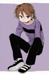  1boy ai-assisted bandit_(kuku88) black_pants black_shoes brown_hair colokhan commentary english_commentary highres light_frown male_focus on_ground original pants ponytail powerpuff_girls purple_shirt shirt shoes short_ponytail sitting violet_eyes white_shoes 