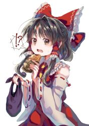  !? 1girl ascot bag black_hair bow brown_eyes collared_shirt commentary_request cowboy_shot detached_sleeves food frilled_hair_tubes frilled_shirt_collar frills hair_bow hair_tubes hakurei_reimu highres holding holding_bag holding_food long_hair long_sleeves looking_at_viewer matsukuzu open_mouth red_bow red_ribbon red_skirt ribbon ribbon-trimmed_sleeves ribbon_trim shirt signature simple_background skirt sleeveless sleeveless_shirt solo taiyaki touhou wagashi white_background white_sleeves wide_sleeves yellow_ascot 