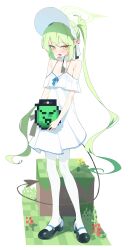  1girl absurdres bare_shoulders block_(minecraft) blue_archive choker dan_nako demon_tail dress fang frilled_dress frills full_body green_halo halo hat highres holding nozomi_(blue_archive) pantyhose ribbon_choker shoes skin_fang sundress tail twintails white_pantyhose yellow_eyes 