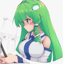  2girls bare_shoulders blue_eyes blush breasts detached_sleeves doodle_inset frog_hair_ornament green_hair hair_ornament highres holding kochiya_sanae large_breasts long_hair looking_to_the_side moriya_suwako multiple_girls nazawa_(nother) shirt snake_hair_ornament touhou white_shirt 