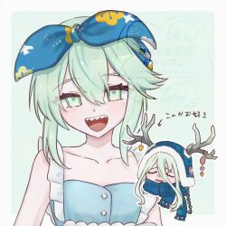  1girl :d antler_ornament antlers arrow_(symbol) beanie blue_bow blue_hat blue_scarf border bow buttons chibi chibi_inset closed_eyes collarbone commentary_request dot_nose double-parted_bangs earflap_beanie fate/grand_order fate_(series) frilled_straps frills fur-trimmed_headwear fur_trim furrowed_brow green_border green_eyes green_hair grey_horns hair_between_eyes hair_bow hat highres horn_ornament horns horns_through_headwear large_bow long_hair_between_eyes long_sidelocks louhi_(fate) louhi_(first_ascension)_(fate) louhi_(second_ascension)_(fate) open_mouth outline portrait print_bow raised_inner_eyebrows sad scarf scarf_bow sharp_teeth shinkai_(tiefsee_game) sidelocks sleeveless smile teeth translation_request turn_pale u_u upper_teeth_only watermark wavy_eyes wavy_mouth white_border 