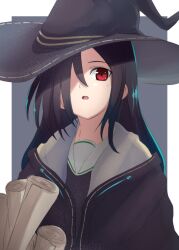  1girl black_hair black_hat black_robe border commentary grey_background hair_over_one_eye hat heaven_burns_red highres lelie_(lelie_link) light_blush long_bangs long_hair looking_at_viewer one_eye_covered open_mouth outside_border red_eyes robe rolled-up_paper simple_background solo straight_hair tenne_miko upper_body white_border witch witch_hat 