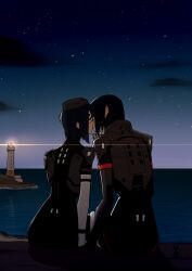  2girls android astral_(astralogy_s023) black_hair blue_hair closed_eyes clouds commentary english_commentary eule_(signalis) from_behind highres horizon kiss lighthouse metal_skin multiple_girls night ocean outdoors short_hair signalis sitting sky star_(signalis) star_(sky) starry_sky yuri 