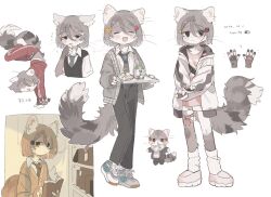  1girl animal_ear_fluff animal_ears artist_name black_eyes black_hair black_necktie black_pants blush book cardigan cat_ears cat_girl cat_tail chibi chibi_inset closed_eyes commentary cropped_torso dated fewer_digits fish_hair_ornament flying_sweatdrops food-themed_hair_ornament fruit_hair_ornament full_body furry furry_female gomafuto grey_cardigan hair_ornament hairpin highres holding holding_book holding_tray jacket ladybug_hair_ornament leg_warmers looking_at_viewer multiple_views necktie open_mouth original pants pawpads shirt shoes short_hair signature sneakers standing strawberry_hair_ornament tail tray upper_body whiskers white_background white_jacket white_leg_warmers white_shirt 