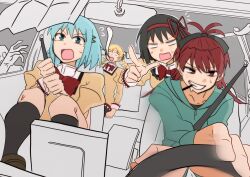  4girls akemi_homura black_bow black_hair black_socks blonde_hair blue_eyes blue_hair bow brown_shoes car_interior dress dress_bow drill_hair driving fang food food_in_mouth green_hoodie hair_bow hair_ornament hair_ribbon hairband hairclip high_collar highres hood hoodie kneehighs knees_up leaning_forward long_hair long_sleeves looking_at_viewer mahou_shoujo_madoka_magica medium_hair miki_sayaka mitakihara_school_uniform multiple_girls open_mouth pocky pocky_in_mouth pointing pointing_at_viewer rate11717991 red_bow red_eyes red_hair red_hairband red_ribbon ribbon sakura_kyoko scared school_uniform seatbelt shoes shouting socks steering_wheel sweat sweatdrop tearing_up teeth tomoe_mami twin_drills yellow_dress 