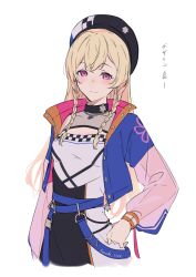  1girl absurdres bang_dream! bang_dream!_girls_band_party! beret black_hat blonde_hair blue_jacket braid breasts commentary_request earrings hat highres jacket jewelry kanade_(kanade_3344) long_hair long_sleeves looking_at_viewer medium_breasts open_clothes open_jacket shirasagi_chisato side_braids simple_background solo translation_request twitter_username violet_eyes white_background 
