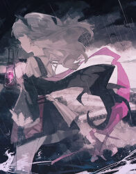  1girl arknights black_cape black_gloves black_jacket black_skirt cape capelet clouds cloudy_sky commentary_request feet_out_of_frame floating_hair from_behind gloves grey_hair head_wings highres holding holding_lantern irene_(arknights) jacket lantern long_sleeves medium_hair ocean pantyhose pink_ribbon pink_skirt puffy_long_sleeves puffy_sleeves ribbon sennawa shoulder_strap skirt sky sleeve_cuffs solo wading white_capelet white_pantyhose wings 