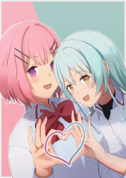  2girls amaori_renako bow bowtie flower_hairpin koyanagi_kaho multiple_girls pink_hair red_bow school_uniform watashi_ga_koibito_ni_nareru_wake_naijan_murimuri! yuri 