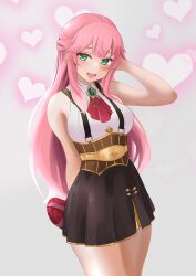 1girl absurdres aivy_lovencraft blush esteban_(estebaneishon) fanart green_eyes hand_up highres indie_virtual_youtuber long_hair looking_at_viewer monocle pink_hair simple_background smile solo valentine virtual_youtuber vtuber vtuberfanart