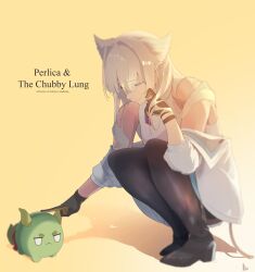  1girl :< aeghf animal_ears arknights arknights:_endfield bird_ears bird_girl black_gloves black_pantyhose black_shoes blonde_hair blue_eyes character_name dragon_bean_(arknights) dress english_text full_body gloves highres jacket off_shoulder open_clothes open_jacket pantyhose perlica_(arknights) petting shoes simple_background solo squatting white_dress white_jacket yellow_background 