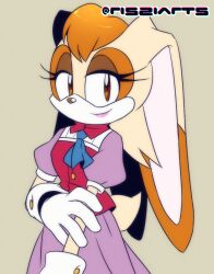 1girl animal_ears artist_name ascot blue_ascot brown_eyes closed_mouth commentary dress english_commentary eyelashes furry furry_female gloves grey_background jacket orange_hair pink_lips puffy_short_sleeves puffy_sleeves purple_dress rabbit_ears rabbit_girl rabbit_tail red_jacket risziarts short_sleeves solo sonic_(series) tail vanilla_the_rabbit white_gloves yellow_fur 