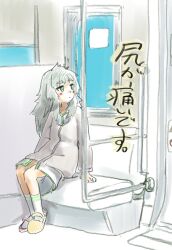  1girl asymmetrical_footwear blunt_bangs blush commentary_request crocs dress green_eyes green_hair green_trim highres hiyajou_maho jacket jacket_over_dress kneehighs long_hair long_sleeves looking_to_the_side mismatched_footwear sadarann science_adventure sitting socks solo steins;gate steins;gate_0 streetcar_interior translation_request very_long_hair white_socks 