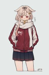  1girl black_skirt blonde_hair blush bright_pupils colored_eyelashes covered_mouth cropped_legs hair_flaps hair_ribbon hands_in_pockets highres jacket kantai_collection long_sleeves pleated_skirt print_jacket red_eyes red_jacket ribbon scarf simple_background skirt solo sumoffu track_jacket white_background white_pupils white_scarf yuudachi_(kancolle) yuudachi_kai_ni_(kancolle) 