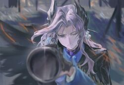  1girl absurdres aiming aiming_at_viewer black_cape blue_jacket blurry blurry_background cape chinese_commentary commentary_request depth_of_field grass grey_eyes grey_hair gun hair_ornament highres jacket long_hair military_uniform one_eye_closed reverse:1999 rifle sentinel_(reverse:1999) solo tueminge upper_body weapon 