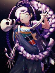  1girl absurdres black_eyes black_overalls blue_overalls bone braid commentary doll_joints gracie_green high_ponytail highres holding_hands joints lily_lovebraids multicolored_shirt multiple_braids one_eye_closed overall_skirt overalls ponytail poppy_playtime purple_hair purple_shirt shirt skeleton smile spoilers teeth yaraku_(anyasan1001) 