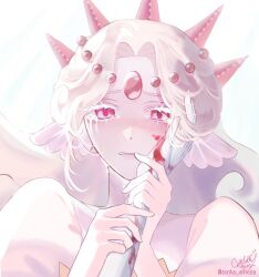  2girls black_pearl_cookie blood blood_on_cheek blood_on_clothes blood_on_face blush clenched_teeth colored_eyelashes colored_skin commentary_request cookie_run cookie_run:_kingdom crying crying_with_eyes_open curly_hair curtained_hair eunha_milktea eyelashes female_pov forehead_jewel frilled_jellyfish_cookie gem gloves hand_on_another's_cheek hand_on_another's_face hands_on_another's_arm hands_up holding_another's_arm humanization korean_commentary long_hair looking_at_viewer multiple_girls pale_skin pink_gem portrait pov pov_hands puffy_sleeves raised_inner_eyebrows shirt sidelighting simple_background solo_focus streaming_tears tears teeth tiara twitter_username white_background white_eyelashes white_gloves white_hair white_pearl_cookie white_shirt white_skin 