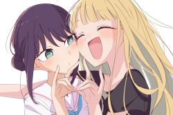  2girls absurdres black_hair black_shirt blush cheek-to-cheek cho_kaguya-hime! closed_eyes commentary_request fox_shadow_puppet fox_shadow_puppet_kiss green_eyes heads_together highres kaguya_(cho_kaguya-hime!) koto510_46 multiple_girls nail_polish open_mouth pink_nails sailor_collar sakayori_iroha school_uniform serafuku shirt simple_background upper_body white_background white_sailor_collar white_shirt 