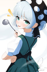  1girl apron artist_name black_apron collared_shirt commentary_request from_behind green_hair green_skirt green_vest grey_hair hand_on_own_hip hand_up headscarf highres holding holding_ladle konpaku_youmu ladle light_blush looking_at_viewer notice_lines open_mouth puffy_short_sleeves puffy_sleeves shirt short_hair short_sleeves signature simple_background skirt skirt_set smile solo teeth touhou turn_pale upper_body upper_teeth_only vest white_background white_shirt yuwano_(yuwanoonsen) 