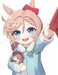  1girl aged_down animal_ears blue_coat blue_eyes blush bow braid chahanramen character_doll child coat doll ear_bow highres holding holding_doll horse_ears light_brown_hair long_sleeves montjeu_(umamusume) open_mouth out_of_frame outstretched_arm short_hair simple_background single_braid smile solo sparkle umamusume upper_body venus_park_(umamusume) white_background 