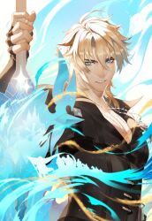  1boy artist_name black_gloves black_shirt blonde_hair blue_eyes chest_harness commentary cross_scar english_commentary fingerless_gloves genshin_impact glint gloves hair_between_eyes harness highres holding holding_sword holding_weapon jewelry kurogawa_shion looking_at_viewer male_focus medium_hair parted_lips pectoral_cleavage pectorals pendant popped_collar scar scar_on_cheek scar_on_face shirt solo sword upper_body varka_(genshin_impact) weapon 
