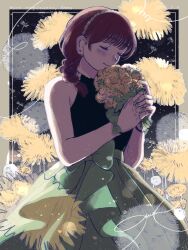  1girl black_shirt blush bow brown_hair character_name closed_eyes closed_mouth commentary_request dandelion earrings emma_verde english_text eyelashes fingernails flower freckles green_bow green_skirt hair_over_shoulder hairband happy_birthday highres holding holding_flower italian_text jewelry long_skirt love_live! love_live!_nijigasaki_high_school_idol_club own_hands_together sagami_(aikodesyo) shirt skirt sleeveless sleeveless_shirt smile solo translated yellow_flower 