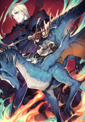  2boys armor black_armor black_gloves blonde_hair blue_scales blue_scarf brown_hair commentary_request cover_image dragon fur-trimmed_jacket fur_trim gloves goggles goggles_on_head green_eyes highres holding holding_polearm holding_reins holding_weapon jacket looking_at_viewer mephisto_(angraecum) multiple_boys neely_(yuushakei_ni_shosu) official_art parted_lips partiract_jayce polearm red_eyes reins rhyno_(yuushakei_ni_shosu) riding_dragon scarf short_hair smile spiky_hair weapon yuushakei_ni_shosu 