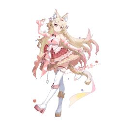  1girl animal_ear_fluff animal_ears arm_up bare_shoulders belt blonde_hair boots bow bowtie brown_bow brown_skirt commentary_request detached_sleeves full_body hair_bow hair_ornament hairclip heterochromia high_heels highres knee_boots layered_skirt long_hair looking_at_viewer multicolored_skirt necktie original parallel_hairclips pink_shirt pink_sleeves plaid_clothes plaid_skirt puffy_sleeves red_bow red_bowtie red_eyes red_skirt sample_watermark shirt simple_background skirt solo tail thigh-highs thigh_strap watermark white_background white_belt white_boots white_necktie white_thighhighs yellow_eyes yellow_skirt youtanhuayuan255 