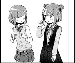  2girls blunt_bangs blunt_ends bow bowtie buttons clenched_hands collared_shirt commentary_request cowboy_shot double_bun faceless faceless_female greyscale hair_bun hair_ribbon hand_up jewelry kuro_(magia_record_anime) kuroe_(madoka_magica) light_blush long_sleeves looking_at_another magia_record:_mahou_shoujo_madoka_magica_gaiden mahou_shoujo_madoka_magica miniskirt monochrome motion_lines multiple_girls neck_ribbon open_clothes open_vest pleated_skirt ribbon ring school_uniform shirt short_hair simple_background skirt standing suraneku sweater_vest takarazaki_school_uniform vest white_background 