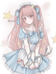  1girl apron blue_bow blue_bowtie blue_dress blue_wrist_cuffs bow bowtie chinese_commentary closed_mouth collarbone commentary_request commission cowboy_shot dress enmaided frilled_apron frilled_dress frilled_sleeves frilled_wrist_cuffs frills hair_between_eyes hair_bow hair_ornament highres holding holding_plate light_blush long_hair long_sidelocks looking_at_viewer maid maid_headdress nikki_(nikki) nikki_(series) pink_bow pink_eyes pink_hair plate pleated_dress puffy_short_sleeves puffy_sleeves sample_watermark short_dress short_sleeves shuimitaodamaichang sidelocks smile solo star_(symbol) star_hair_ornament two_side_up very_long_hair waist_apron watermark white_apron white_background wrist_cuffs 