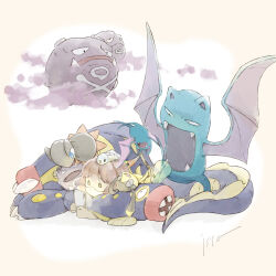  1other brown_hair cellphone closed_eyes commentary_request eelektrik eelektross fangs flying golbat heliolisk helioptile highres holding holding_phone isutai koffing medium_hair on_head open_mouth phone pokemon pokemon_(creature) pokemon_focus pokemon_on_head signature simple_background smartphone smoke tynamo weezing zubat 