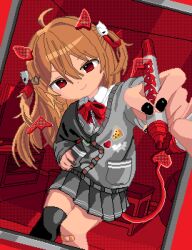  1girl bandaid bandaid_on_knee bandaid_on_leg black_nails bow brown_hair closed_mouth collared_shirt commentary derivative_work dutch_angle english_commentary evil_neuro-sama fingernails grey_jacket grey_skirt hair_between_eyes hair_ribbon hand_on_own_hip highres holding holding_marker horns indoors jacket kylskada long_hair long_sleeves marker nail_polish pixel_art red_background red_bow red_eyes red_ribbon ribbon shirt single_thighhigh skirt smile solo table television thigh-highs two_side_up vedal_ai white_shirt 