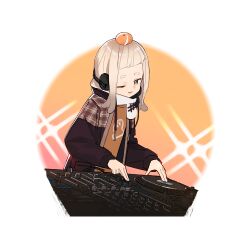  1girl ;d astg brown_eyes brown_hair brown_jacket brown_sweater commentary_request drawstring food food_on_head fruit jacket long_hair looking_at_viewer mandarin_orange mixing_console object_on_head one_eye_closed open_clothes open_jacket saigou_r_irori sana_channel scarf short_eyebrows smile solo sweater thick_eyebrows white_scarf 