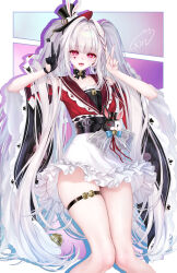  1girl bell black_hat butterfly-shaped_pupils clothes_lift clothing_cutout collarbone diamond_(shape) diamond_facial_mark diamond_on_cheek dress facial_mark frilled_dress frills gloves hat hat_ornament heart heart_facial_mark heart_on_cheek highres honkai:_star_rail honkai_(series) legs_together long_hair looking_at_viewer mark_under_both_eyes mini_hat mini_top_hat multicolored_hair obiwan open_mouth pink_eyes rabbit_ear_headwear rabbit_hat_ornament red_streaks shoulder_cutout signature simple_background single_glove skirt skirt_lift sparkle_(honkai:_star_rail) sparxie_(honkai:_star_rail) streaked_hair symbol-shaped_pupils thighs top_hat twintails v very_long_hair weisuoxin white_hair 