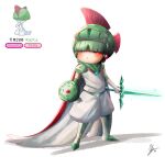  1other blunt_bangs blush cape character_name endifi english_commentary gloves green_hair hair_over_eyes helmet highres holding holding_shield holding_sword holding_weapon humanization pants pokemon ralts red_eyes shield simple_background solo standing sword weapon white_background white_cape white_gloves white_pants 