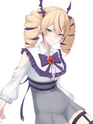  1girl blonde_hair breasts closed_mouth cowboy_shot digimon digimon_card_game digimon_liberator drill_hair green_eyes grey_shorts hashtag-only_commentary highres multicolored_hair purple_hair shirt shorts simple_background smile solo streaked_hair twin_drills two-tone_hair violet_inboots white_background white_shirt zigma_s 