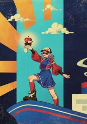  absurdres apple apple_(reverse:1999) black_boots black_bow black_bowtie blue_dress blue_neckerchief blue_sky boots bow bowtie brown_hair clouds dress food fruit hat heixingjiujiu highres long_sleeves neckerchief newsboy_cap open_mouth outside_border pillarboxed polka_dot_neckerchief puffy_long_sleeves puffy_sleeves red_socks regulus_(reverse:1999) reverse:1999 ship short_dress short_hair sky smile socks standing stepped_on sunglasses traditional_bowtie watercraft 