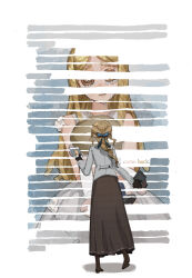  2girls alice_deross bare_shoulders black_boots black_gloves black_skirt blackout_poetry blonde_hair blue_bow boots bow button_eyes buttons camera child commentary_request crying dress dual_persona freckles from_behind gloves hair_bow holding holding_camera holding_photo holding_stuffed_toy identity_v jacket long_hair long_skirt memory_(identity_v) multiple_girls official_art parted_bangs photo_(object) ponytail sidelocks skirt stuffed_toy stuffing white_dress white_jacket 