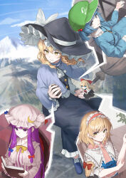  4girls absurdres alice_margatroid blonde_hair blue_capelet blue_dress blue_hair blue_shirt blue_shoes blue_skirt blue_sky book bow braid broom broom_riding capelet closed_mouth commentary_request crescent crescent_hat_ornament day doll dress frilled_hairband frills green_hat hair_bobbles hair_bow hair_ornament hairband hat hat_bow hat_ornament highres holding holding_book kawashiro_nitori key kirisame_marisa long_hair long_sleeves medium_hair mob_cap multiple_girls official_alternate_costume open_book outdoors patchouli_knowledge purple_hair reading red_hairband shanghai_doll shirt shoes side_braid single_braid skirt sky smile socks striped_clothes striped_dress subterranean_animism touhou two_side_up vertical-striped_clothes vertical-striped_dress violet_eyes wanko_sora white_bow white_capelet white_dress white_hat white_socks witch_hat yellow_eyes 