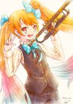  1girl :d black_pants black_vest blue_bow blue_nails bow copyright_name hair_bow highres holding holding_instrument holding_trumpet instrument long_hair long_sleeves orange_hair pants polka_dot polka_dot_bow red_eyes shirt smile standing takt_op. titan_(takt_op.) trumpet twintails usubatubame very_long_hair vest white_background white_shirt 