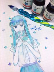  1girl absurdres commentary_request dated flower flower_over_mouth highres holding holding_flower hydrangea koi_wa_ameagari_no_you_ni long_hair looking_at_viewer monochrome necktie paintbrush painting_(medium) pleated_skirt propylene school_uniform short_sleeves signature skirt solo striped_clothes striped_hair striped_necktie tachibana_akira timestamp traditional_media watercolor_(medium) 