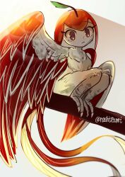  1boy apple artist_name bird_girl bird_legs bird_wings branch claws closed_mouth commentary_request feather_tail feathered_wings feathers food fruit harpy highres leaf lens_flare looking_at_viewer monster_girl nashitoumi no_humans on_branch original plant_girl red_hair solo sunlight tail violet_eyes white_hair wings 