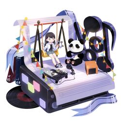  1girl absurdres bang_dream! bang_dream!_it's_mygo!!!!! beiji_qi belt black_hair black_shirt blue_skirt book brown_belt chinese_commentary commentary_request commission computer diorama english_commentary guitar highres instrument jacket laptop long_hair microphone mole mole_under_eye musical_note open_clothes open_jacket panda pop_filter second-party_source shiina_taki shirt skirt solo swing synthesizer vinyl_record violet_eyes white_jacket 