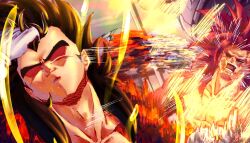  2boys adjusting_hair black_hair body_fur closed_eyes dragon_ball dragon_ball_daima dragon_ball_gt dragon_ball_z_dokkan_battle fighting greatscarflover hand_in_own_hair hand_on_own_head highres hitting jab long_hair male_focus meme monkey_boy monkey_tail motion_blur multiple_boys muscular muscular_male naoya_hitting_choso_without_looking_(meme) no_nipples open_mouth parody pectorals punching rapid_punches red_fur red_hair saiyan scene_reference smear_frame smile son_goku spiky_hair super_saiyan super_saiyan_4 tail vegeta 