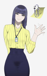  1girl black_eyes black_hair black_skirt blunt_bangs blunt_ends buttons clippy closed_mouth collared_shirt cowboy_shot highres id_card lanyard long_hair long_sleeves looking_at_viewer microsoft_windows office_lady paperclip pencil_skirt personification shirt shirt_tucked_in simple_background skirt smile solo straight-on straight_hair themaestronoob waving white_background yellow_shirt 