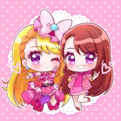  ;o \m/ belt black_belt blonde_hair blowing_kiss boots bow braid braided_bangs bridal_gauntlets brooch butterfly_hat_ornament chibi chibi_only commentary cropped_shirt cure_butterfly doily earrings elbow_gloves frilled_shirt frills gloves grin hand_on_own_face hand_on_own_hip hat hat_ornament heart highres hijiri_ageha hirogaru_sky!_precure jewelry leg_up long_hair looking_at_viewer magical_girl midriff mob_cap multicolored_hair navel one_eye_closed orange_hair pantyhose pink_background pink_boots pink_gloves pink_hat pink_shirt pink_skirt pleated_skirt polka_dot polka_dot_background precure purple_pantyhose red_bow shirt showgirl_skirt side-by-side single_leg_pantyhose skirt skirt_bow sleeveless sleeveless_shirt smile standing standing_on_one_leg thigh_strap tilted_headwear two-tone_hair umiyuki_(umi_chu) very_long_hair violet_eyes wing_brooch 