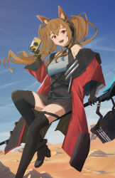  1girl absurdres angelina_(arknights) animal_ear_fluff animal_ears arknights arknights:_endfield bag bare_shoulders black_bag black_boots black_gloves black_thighhighs blue_sky boots bracelet breasts brown_hair camera coat day desert dot_nose dress elbow_gloves english_commentary floating floating_hair fold-over_boots foot_out_of_frame fox_ears fox_girl from_below gilberta_(arknights) gloves grey_dress headpiece high_collar highres holding holding_camera holding_staff impossible_clothes infection_monitor_(arknights) jewelry long_hair long_sleeves looking_at_viewer medium_breasts mei_(meihkov) messenger_bag off_shoulder outdoors red_coat red_eyes short_dress shoulder_bag sky solo staff staff_riding teeth thigh-highs twintails upper_teeth_only wide_sleeves zettai_ryouiki 