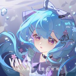 1girl belt_collar blue_hair bow bubble collar eyelashes flower frills hair_between_eyes hair_bow hair_ornament hairpin liu_letian long_hair neckerchief open_hands original parted_lips purple_bow purple_flower purple_neckerchief sidelocks solo square underwater upper_body violet_eyes 